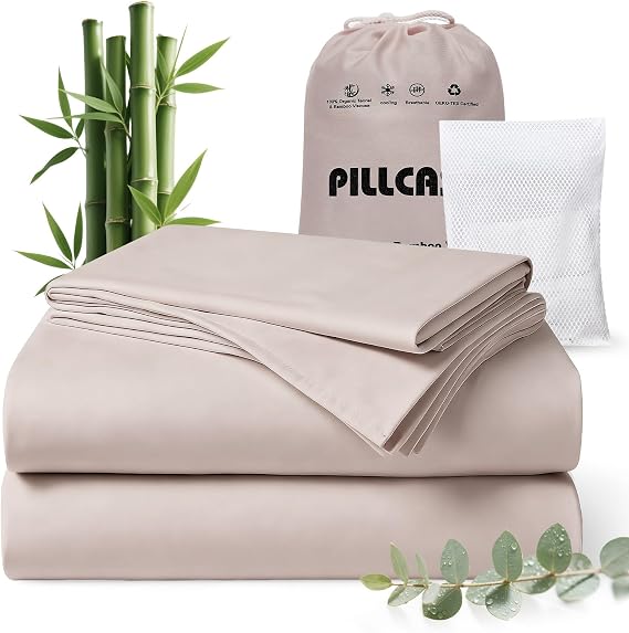 Luxury Organic Tencel & Viscose from Bamboo Cooling Sheet Set,Silky Soft Lyocell Sheets with Deep Pocket, Hypoallergenic & Breathable Bedding with Pillowcases (Sand, Queen)