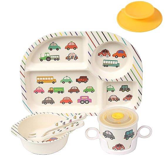 Bamboo Toddler Baby Plates and Bowls Set, 7Pcs Kids Plate Dinnerware Set