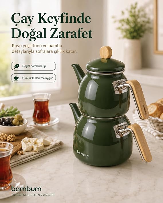 Sultan - Bambu Kulplu Emaye Çaydanlık Takımı Koyu Yeşil