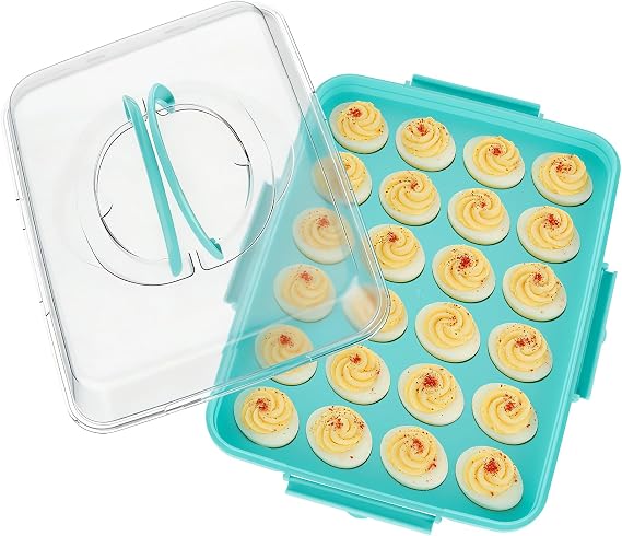 Deviled Egg Containers with Lid 1 Pack 24 Count Hidden Handle Blue | Reusable Platter Storage Tray for Potlucks, Tea Parties, Thanksgiving, Picnics, Refrigerator, Christmas, Easter, Brunches