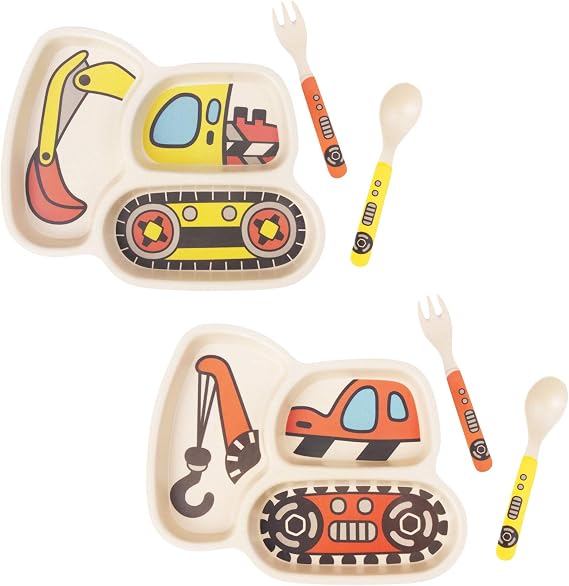 Kid Plate Set Bamboo Toddler Plates Dinnerware Dinner Dish Set Baby Feeding Spill Proof Divided Plate - Baby Spoon and fork 3-Piece Set for Kids and Toddlers (excavator/crane)