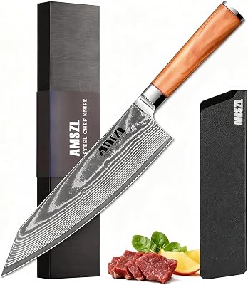 8.5-inch Japanese Damascus Chef Knife - 67-Layer VG-10 Super Steel Core, Ultra Sharp Hybrid Santoku & Chef Knife - Includes Leather Sheath & Gift Box, Olive Wood Handle
