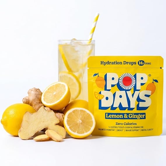 POPDAYS hydration tablets Lemon & Ginger Water Flavouring – 14 Effervescent Electrolyte Tablets. With Vitamins B, C & D – Zero Sugar & Zero Calories – With Magnesium, Calcium & Zinc (Lemon & Ginger)