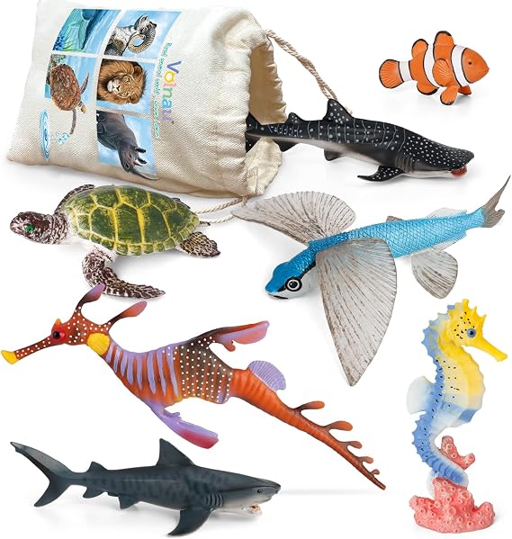Volnau Sea Creature Toys Figures 7PCS Indian Ocean Shark Animal Figurines for Toddlers Kids Christmas Decoration Gift Plastic Fish Preschool Pack and Bath Set