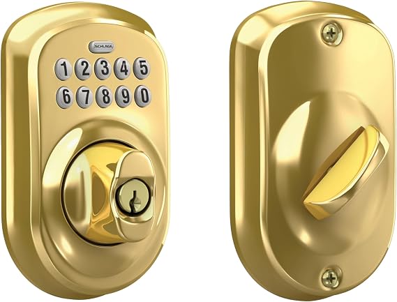 Schlage Plymouth Electronic Keypad Deadbolt Lock, Keyless Front Door Entry, Mechanical Key Backup Included, Bright Brass, BE365 PLY 505