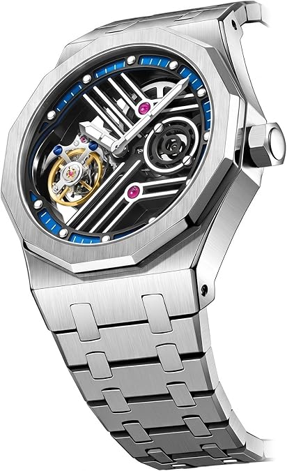 Men's Tourbillon Watch, Manual Wind Skeleton, Dodecagonal 42mm Steel