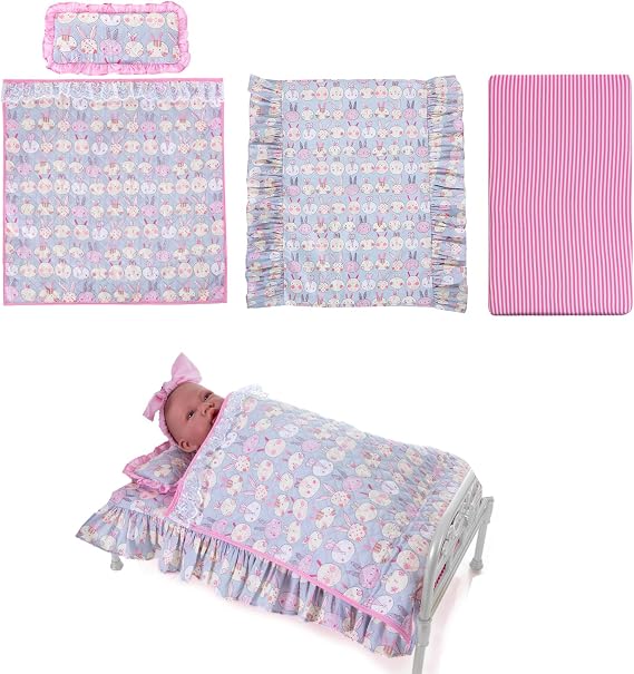 Rakki Dolli 18 Inch Baby Doll Bedding Set, 4-PC Doll Bedding Accessories Includes Blanket / Comforter ,Pillow, Sheet, 18.7*11.4Mattress, Purple Bunny Print