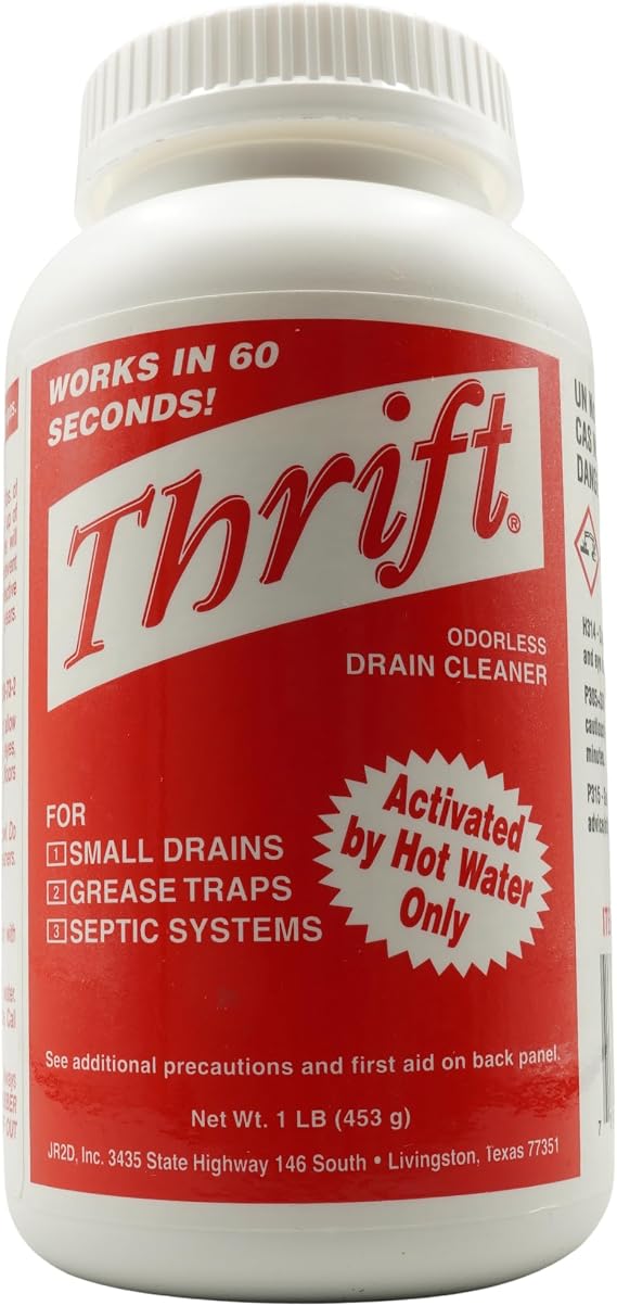 Thrift T-100 Odorless Drain Cleaner Hot Water Activated Drain Cleaner for Small Drains, Grease Traps, Septic Systems & Sewer Lines 1 Pound Bottle