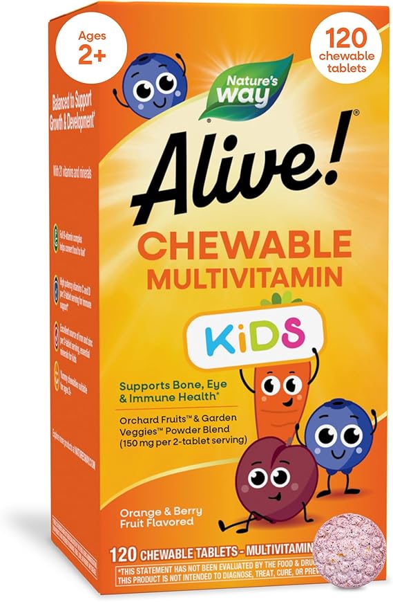 Nature's Way Alive! Childrens Chewable Multivitamin, Cherry, 120 ct | Kids Multivitamin Tablets with Orchard Fruits and Garden Veggies Powder Blend, Daily Kids Vitamins for Nutritional Support