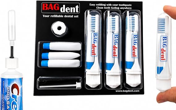 Travel Toothbrushes and Toothpaste Empty Containers - 10 PCS/Set: 3X Foldable Toothbrushes, 6X Empty Refillable Tubes (0.12oz), 1x Filling Adapters, Travel Set, Emergency Set, Daily Use