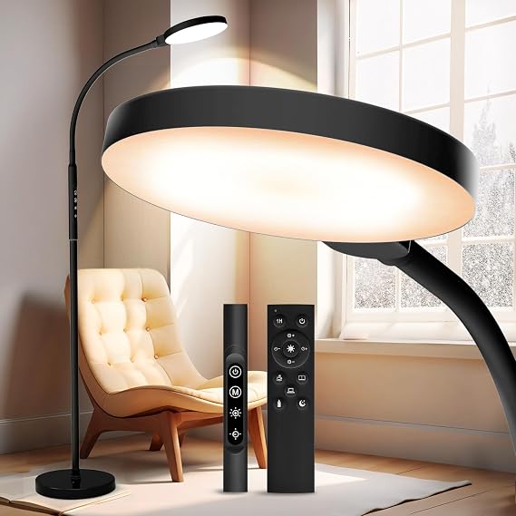 Light Therapy Lamp, 3 in 1 Therapy Floor Lighting, 11000 Lux | Full Spectrum Therapy Lamps, UV-Free LED Sunlight, 10 Brightness/5Color/Gooseneck/Height Adjustable with Timer Control, Black