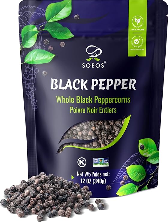 Soeos Black Peppercorns, 12oz (Pack of 1), Non-GMO, Kosher, Packed to Keep Peppers Fresh, Peppercorn for Grinder Refill, Whole Peppercorns | Kosher, Freshly Peppercorn Bulk, Packed to Keep Peppers Fresh, Ready to Use Peppercorns for Grinder Refill