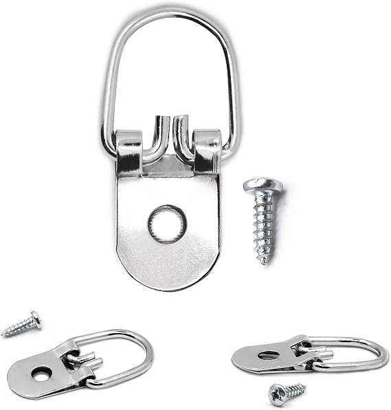 PHS D-Ring Picture Hangers, 100 Pack with Screws for Wood, Holds 25 lb | Single-hole steel d rings with screws, holds 25 lb, picture hanging hardware for wood frames and wall decor