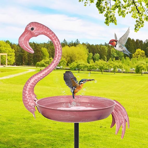 Pink Flamingo Bird Bath - 12-inch Metal Outdoor Bird Bath | with 5-Prong Ground Stake, Rust-Resistant Garden Feeder for Patio Decor, Bird Lover Gift