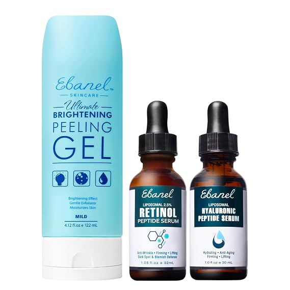 Ebanel Bundle of 2.5% Retinol Serum, Hyaluronic Acid Serum, and Exfoliating Face Scrub Peeling Gel 4.12 Oz
