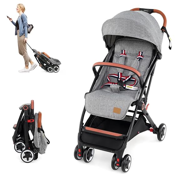 HONEY JOY Travel Stroller, One-Hand Quick Fold Lightweight Umbrella Stroller for Airplane, Wrist Wrap & Net, Multi-Position Recline, Overhead Friendly Compact Stroller for Newborn and Toddler(Gray)