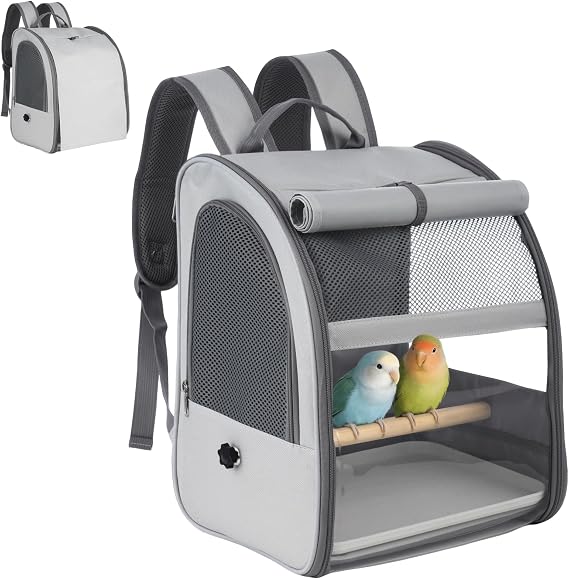 Bird Cage Backpack, Portable Pet Carrier with Standing Perch, Clear PVC, Sturdy 600D Fabric, 12.2 x 9.6 x 15 in, Grey