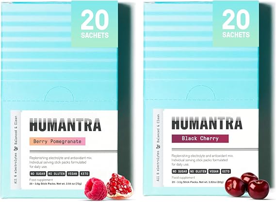Humantra Electrolytes Powder - Black Cherry & Berry Pomegranate Flavor, 40ct - Powdered Hydration Sachets - Plant-Based Electrolyte Powder with 6 Electrolytes - Vegan, Sugar Free, Gluten Free