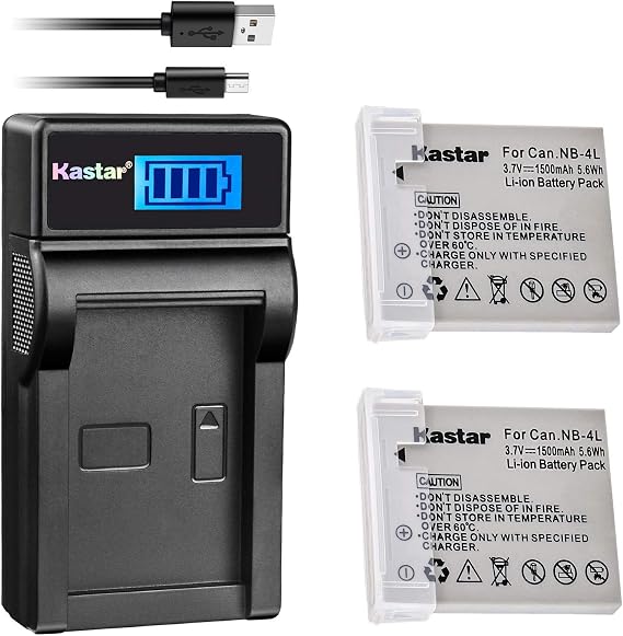 Kastar Battery (X2) & LCD Slim USB Charger for Canon NB-4L and Canon ELPH 100 HS, 300 HS, 310 HS, 330 HS, VIXIA mini, Powershot SD400, SD450, SD600, SD630, SD750, SD780, SD1000, SD1100 is, SD1400 is
