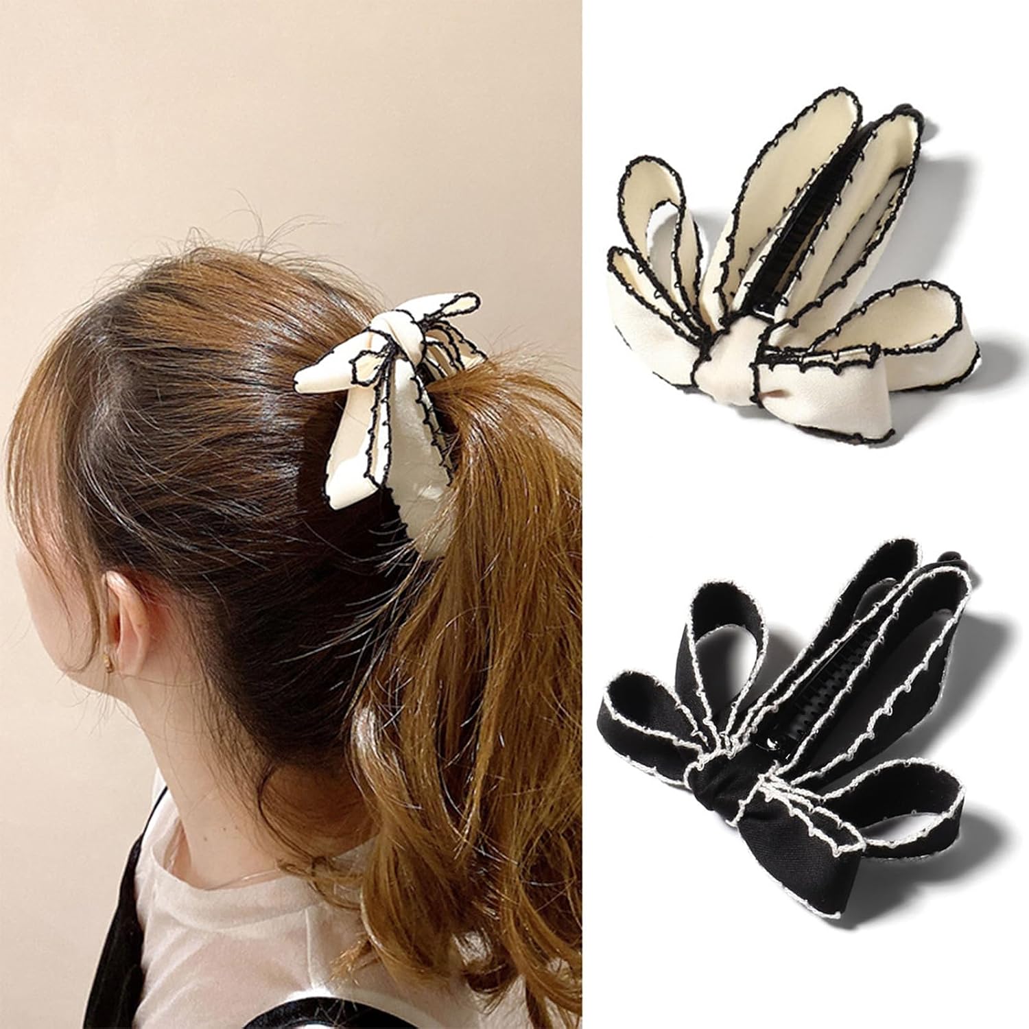 Ribbon Bow Banana Hair Clip Vertical Ponytail Claw Clip Korean Style Bowknot Ponytail Claw, Sweet Ponytail Holder Hair Accessories for Women Girls 2 Pcs