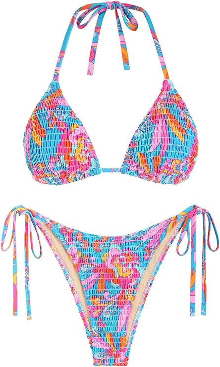 seamoly Women's Bikini Sets Halter Fishnet Shell Decorated Two Piece Swimsuit Sexy Side Tie Thong Bandeau Bathing Suits