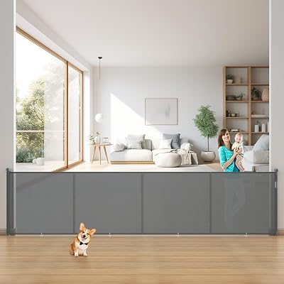 200 Inch Retractable Baby Gates Extra Wide, 42 Inch Tall Retractable Gate, 16.5 FT Reinforced Retractable Dog Gate with Rods & Hooks to Prevent Crawling Through, for Stairs, IndoorOutdoor, Gray