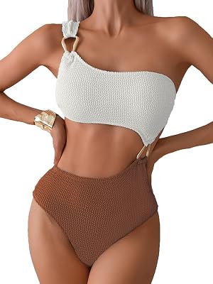 Fanuerg Womens One Piece Swimsuits Ribbed One Shoulder Bathing Suit Sexy Cutout Color Block Swimwear