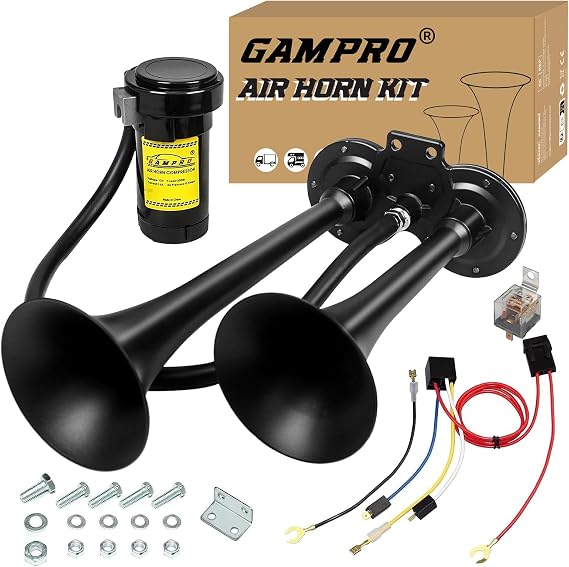 Upgrade 150dB Dual 2-Trumpet Metal Air Horn for Truck Kit,12V Air Horn kit with Air Compressor for 12V Trucks SUV Motorcycle Pickup Lorries Trains Cars Boats