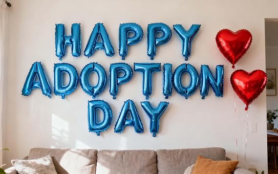 Happy Adoption Day Foil Balloons Letter Banner with Heart Balloons for Happy Gotcha Day, Child Pet Adoption Party Cat Dog Rescue Adoption Party Supplies 16inches (blue)