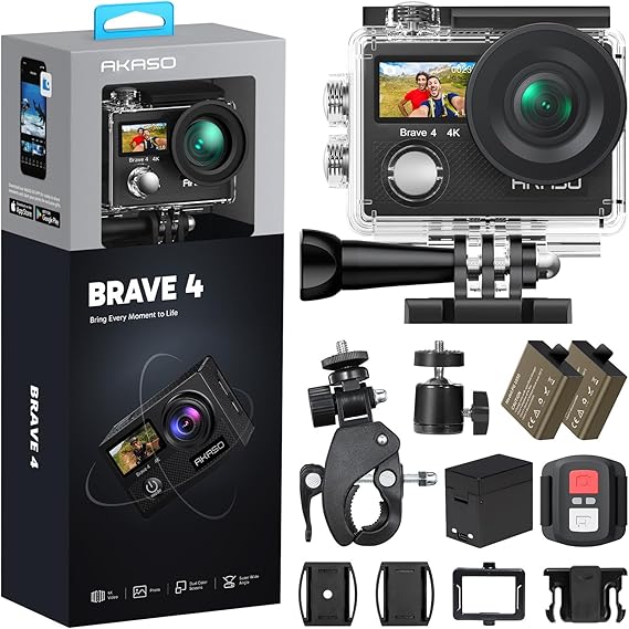 AKASO Brave 4 4K 20MP WiFi Aksiyon Kamerası Ultra HD with EIS 30m Underwater Su Geçirmez - Uzaktan Kumandalı - 5X Zoom