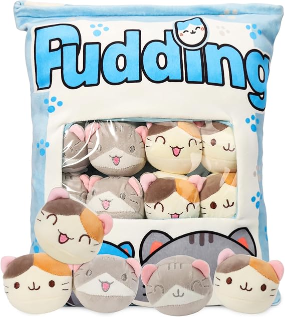Cat Plush Pillow Throw Pillows, Cute Plushies with Kitten Doll, Bag of Removable Kitten Stuffed Animals, Kawaii Plushies Cat Toy, Gift for Holiday Birthday Home Decoration (8 Blue Kitten)