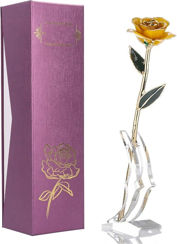 Gold Dipped Rose 24k Yellow Rose, Long Stem Gold Plated Real Rose with Base, Romantic Gifts for Valentine's Day and Anniversary