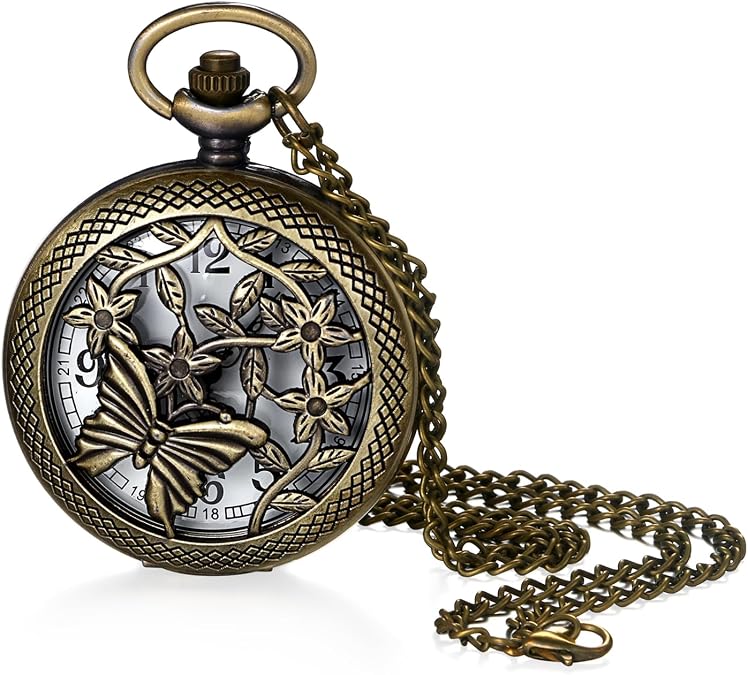 JewelryWe Vintage Butterfly Pocket Watch: Retro Design Bronze Flower Openwork Cover Quartz Pendant Necklace Watches with Chain for Xmas for Mother's Day
