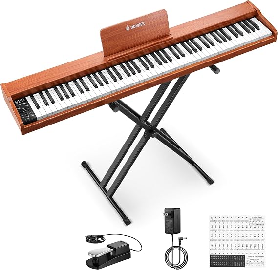 Donner DEP-1S Piano Keyboard 88 Keys, Beginner Digital Piano with 88 Key Velocity-Sensitive Keyboard, Record, Bluetooth, Chord, Bundle With Piano Stand, Piano Stickers, Sustain Pedal, Retro Wood Color
