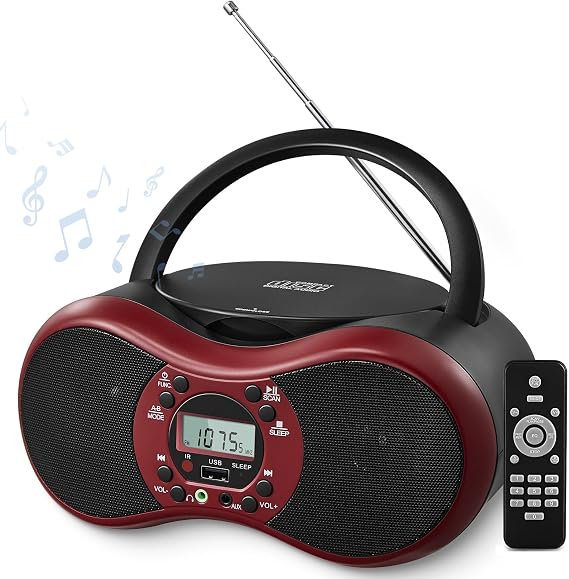 Portable CD Player Boombox with FM Radio, Bluetooth & Remote | Boombox for Home Supports CD/CD-R/CD-RW/MP3 CDs Playback, USB Port, AUX Input, Headphone Jack, Dual Stereo Sound, Sleep Timer