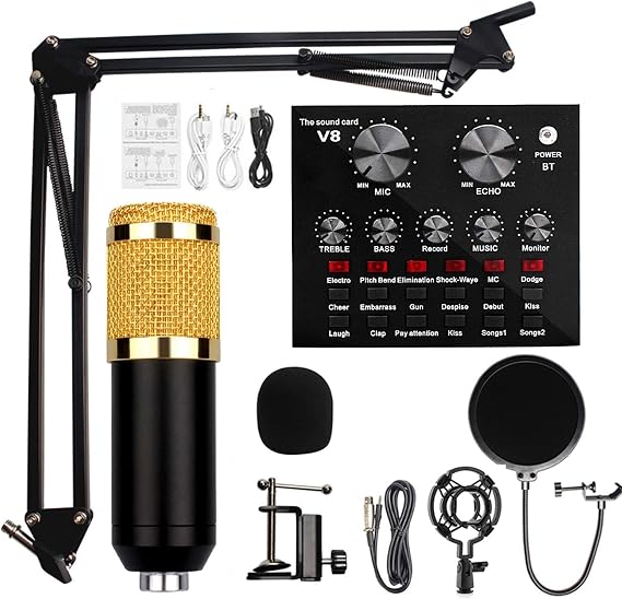 Condenser Microphone Bundle with Live Sound Card,BM-800 Mic Professional Studio Recording Set,Live Sound Card with Effects and Voice Changer,Mini Sound Mixer Board with Multiple Sound Effects