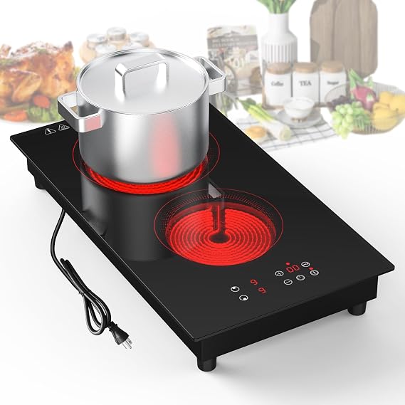 VBGK Electric Cooktop,3000W 12 inch Stove Top,Built-in and Countertop 2 Burner Electric Cooktop 220V with Plug,9 Power Levels, Kids Lock & Timer,LED Touch Control,Overheat Protection Stovetop