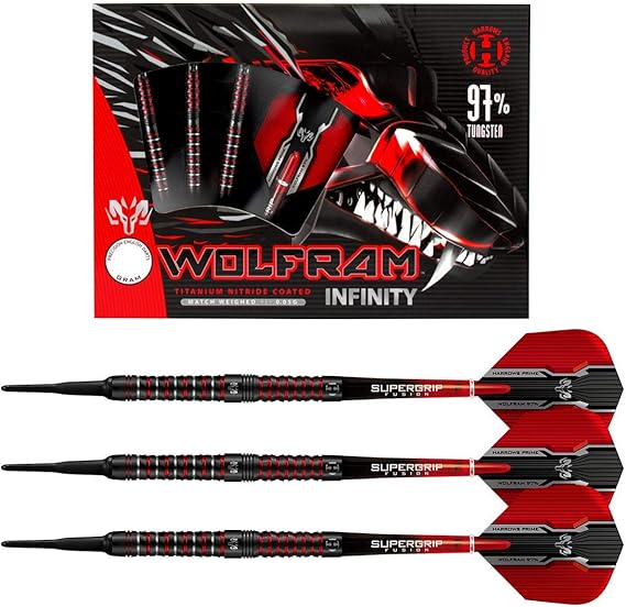 Harrows Wolfram Infinity 97% Tungsten Soft Tip Darts Set | 18g and 20g | Includes Supergrip Fusion Shafts and 100 Micron Prime Flights (20g)