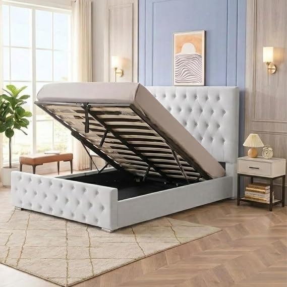 4FT6 Silver Plush Ottoman Bed Frame | Stylish Floor Standing Chesterfield Headboard & Footboard | Bed Frame with Gas Lift Storage