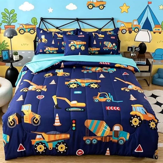 lishjekee 6 Pieces Construction Comforter Twin for Kids Trucks Vehicle Bedding Set Bed in A Bag for Boys Excavator Tractors Cars Comforter and Sheets Set Cartoon Bed Sets Home Decor