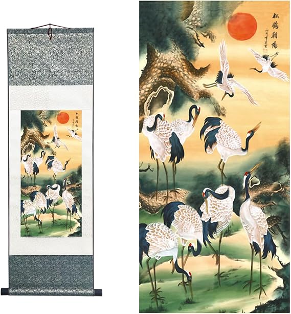 Ziosxin Chinese Art - Landscape Ink & Flower Bird Painting Asian Tapestry Silk Scroll Decor Wall Hanging (Sunset, 39" x 12"/100 x 30cm)