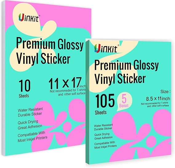 Uinkit 8.5x11 and 11x 17 Printable Vinyl Sticker Paper for Inkjet Printer Cricut,included Glossy Transparent Label Waterproof Adhesive Dries Quickly Tear-Resistant, Removable