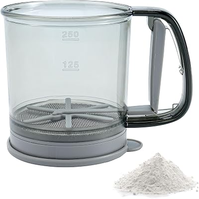 Double Layer Fine Mesh Flour Sifter for Baking, 1.5 Cup Plastic Sifter for Powdered Sugar with Tray, One Hand Press Design Strainer for Kitchen Cakes