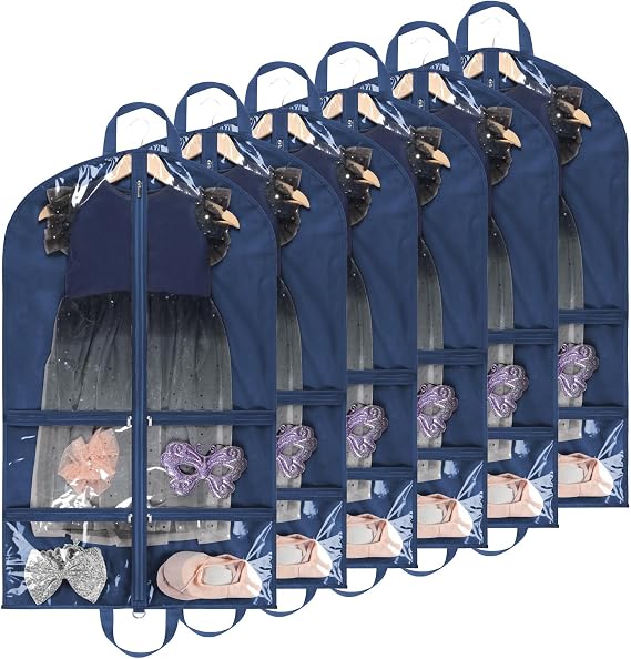 KEEGH 40 inch Clear Garment Bags for Dance Costumes, 6 Pack, Navy Blue