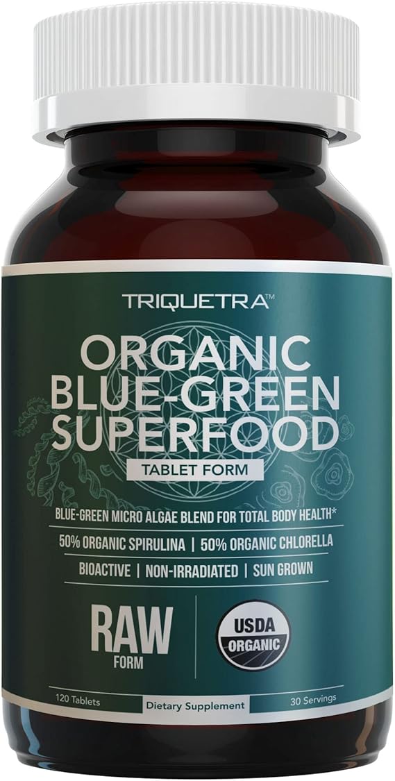 Organic Spirulina & Chlorella Tablets 4 Organic Certifications, Raw, Non-Irradiated 50/50 Blue Green Algae Blend Antioxidant Content Equal to 5 Servings of Vegetables (120 Tablets)