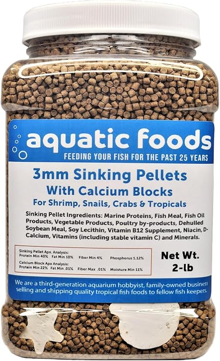 Calcium Blocks Included in These 40% Protein 3mm Sinking Pellets for Shrimp, Snails, Crabs, Catfish, Plecos for All Tropical Fish. Pellets by Zeigler...2-lb Med Jar