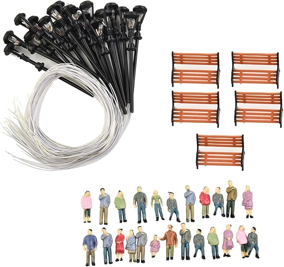 49 Pcs HO OO Scale Painted People Figures Bench Lamp Post Set,For Model Railway Train Scenery Landscape,24 Painted Figures,5 Benches,20 Lamp Posts