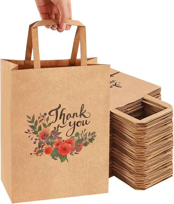 50Pcs 10x8x4.7 Thank You Gift Bags Bulk, Thank You Bags for Business Small, Sturdy Brown Paper Small Gift Retail Bag Bulk (A)