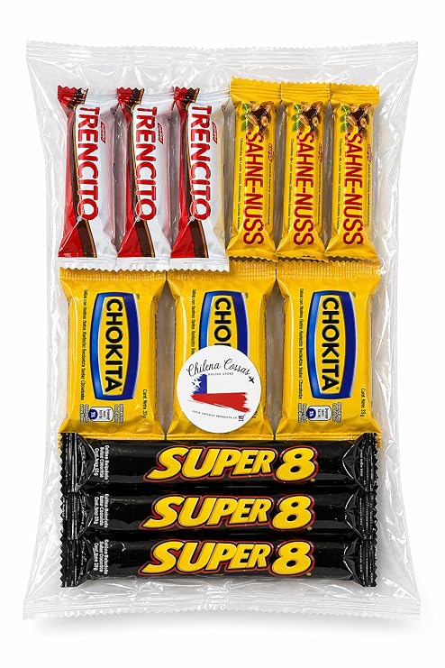 Chilean Chocolate Variety Pack (12 Count) Super 8, Chokita, Trencito & Sahne Nuss | Authentic Chilean Candy Mix | Imported Snacks from Chile | Nostalgic Treat Bag