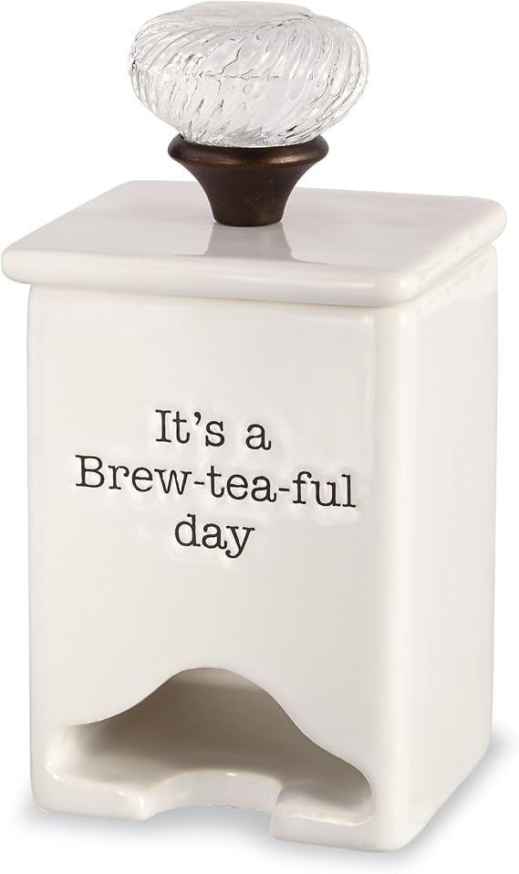 Mud Pie FBA Ceramic Tea Bag Caddy, White | White ceramic tea bag caddy and holder for used tea bags, teaspoons or small tea-time accessories; compact 7-inch serveware.